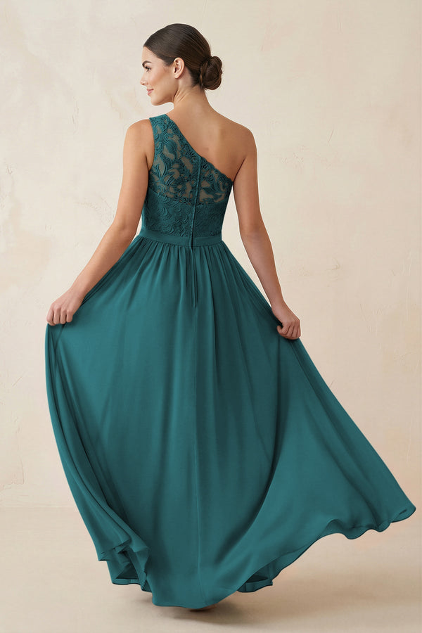 One - Shoulder Lace Chiffon A - Line Bridesmaid Dress in Pine - KissProm Bridesmaid Dresses