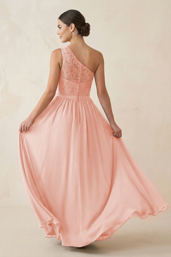 One - Shoulder Lace Chiffon A - Line Bridesmaid Dress in Rose Petal - KissProm Bridesmaid Dresses