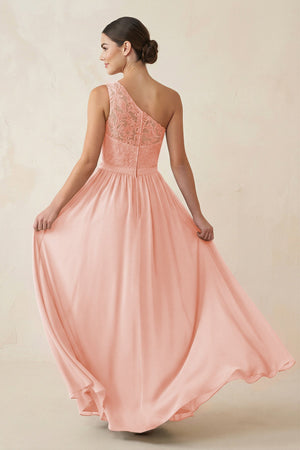 One - Shoulder Lace Chiffon A - Line Bridesmaid Dress in Rose Petal - KissProm Bridesmaid Dresses