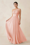 One - Shoulder Lace Chiffon A - Line Bridesmaid Dress in Rose Petal - KissProm Bridesmaid Dresses