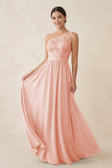 One - Shoulder Lace Chiffon A - Line Bridesmaid Dress in Rose Petal - KissProm Bridesmaid Dresses