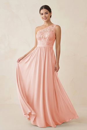 One - Shoulder Lace Chiffon A - Line Bridesmaid Dress in Rose Petal - KissProm Bridesmaid Dresses