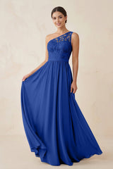 One - Shoulder Lace Chiffon A - Line Bridesmaid Dress in Royal Blue - KissProm Bridesmaid Dresses