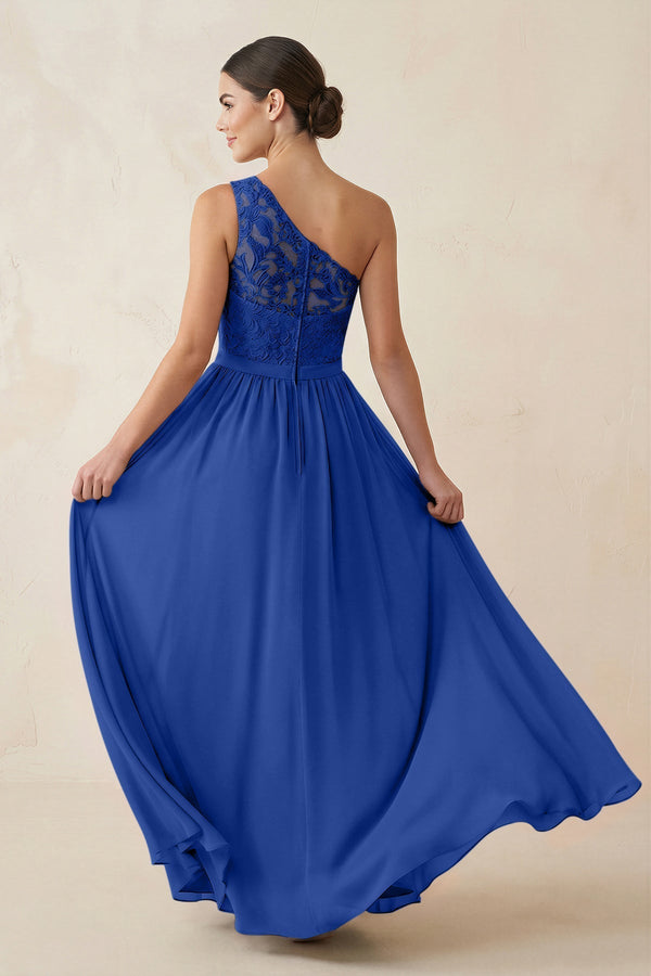 One - Shoulder Lace Chiffon A - Line Bridesmaid Dress in Royal Blue - KissProm Bridesmaid Dresses
