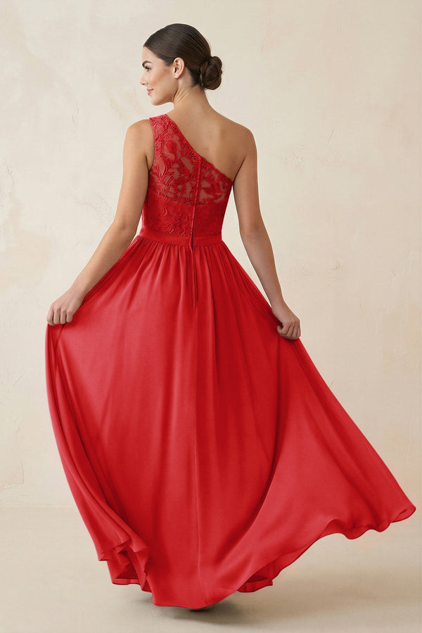 One - Shoulder Lace Chiffon A - Line Bridesmaid Dress in Ruby Red - KissProm Bridesmaid Dresses