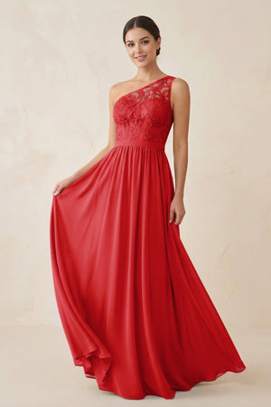 One - Shoulder Lace Chiffon A - Line Bridesmaid Dress in Ruby Red - KissProm Bridesmaid Dresses