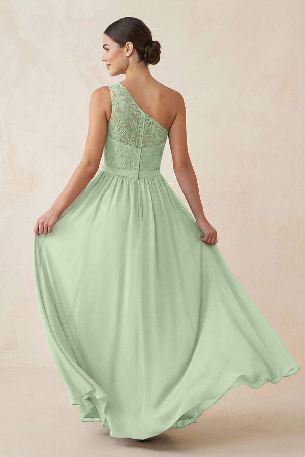 One - Shoulder Lace Chiffon A - Line Bridesmaid Dress in Sage - KissProm Bridesmaid Dresses