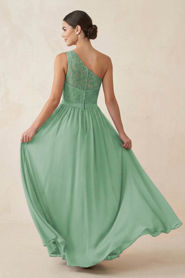 One - Shoulder Lace Chiffon A - Line Bridesmaid Dress in Sea Glass - KissProm Bridesmaid Dresses