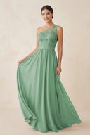 One - Shoulder Lace Chiffon A - Line Bridesmaid Dress in Sea Glass - KissProm Bridesmaid Dresses