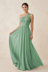 One - Shoulder Lace Chiffon A - Line Bridesmaid Dress in Sea Glass - KissProm Bridesmaid Dresses