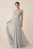 One - Shoulder Lace Chiffon A - Line Bridesmaid Dress in Silver - KissProm Bridesmaid Dresses