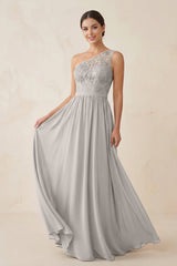 One - Shoulder Lace Chiffon A - Line Bridesmaid Dress in Silver - KissProm Bridesmaid Dresses