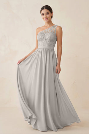 One - Shoulder Lace Chiffon A - Line Bridesmaid Dress in Silver - KissProm Bridesmaid Dresses