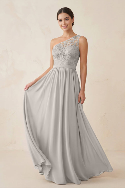 One - Shoulder Lace Chiffon A - Line Bridesmaid Dress in Silver - KissProm Bridesmaid Dresses
