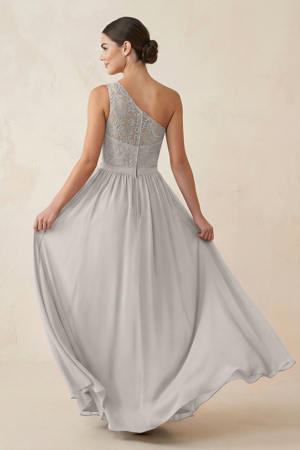 One - Shoulder Lace Chiffon A - Line Bridesmaid Dress in Silver - KissProm Bridesmaid Dresses
