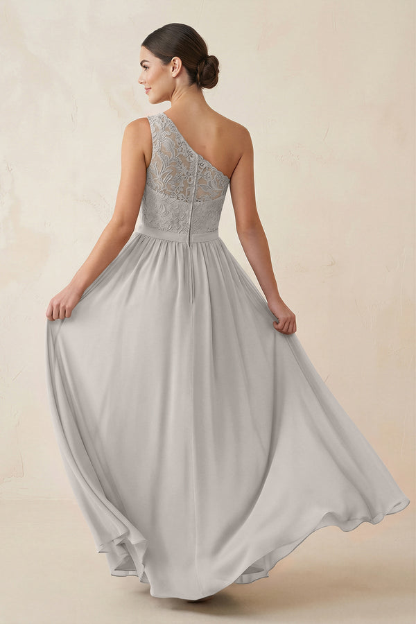 One - Shoulder Lace Chiffon A - Line Bridesmaid Dress in Silver - KissProm Bridesmaid Dresses