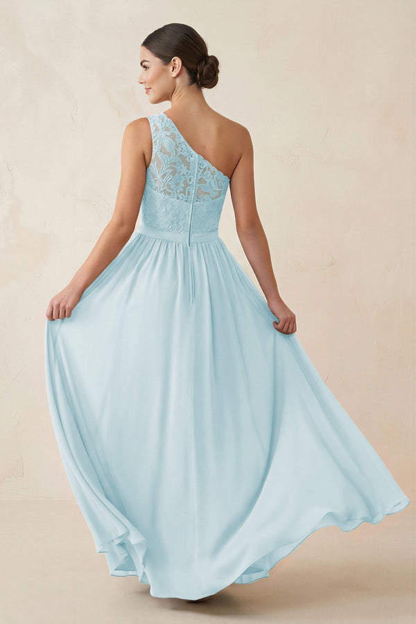 One - Shoulder Lace Chiffon A - Line Bridesmaid Dress in Sky Blue - KissProm Bridesmaid Dresses