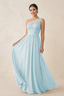 One - Shoulder Lace Chiffon A - Line Bridesmaid Dress in Sky Blue - KissProm Bridesmaid Dresses