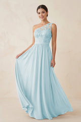 One - Shoulder Lace Chiffon A - Line Bridesmaid Dress in Sky Blue - KissProm Bridesmaid Dresses
