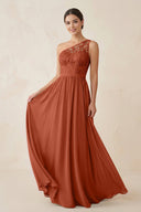 One - Shoulder Lace Chiffon A - Line Bridesmaid Dress in Spice - KissProm Bridesmaid Dresses