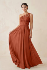 One - Shoulder Lace Chiffon A - Line Bridesmaid Dress in Spice - KissProm Bridesmaid Dresses