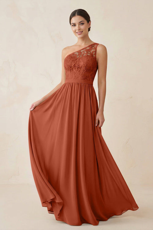 One - Shoulder Lace Chiffon A - Line Bridesmaid Dress in Spice - KissProm Bridesmaid Dresses