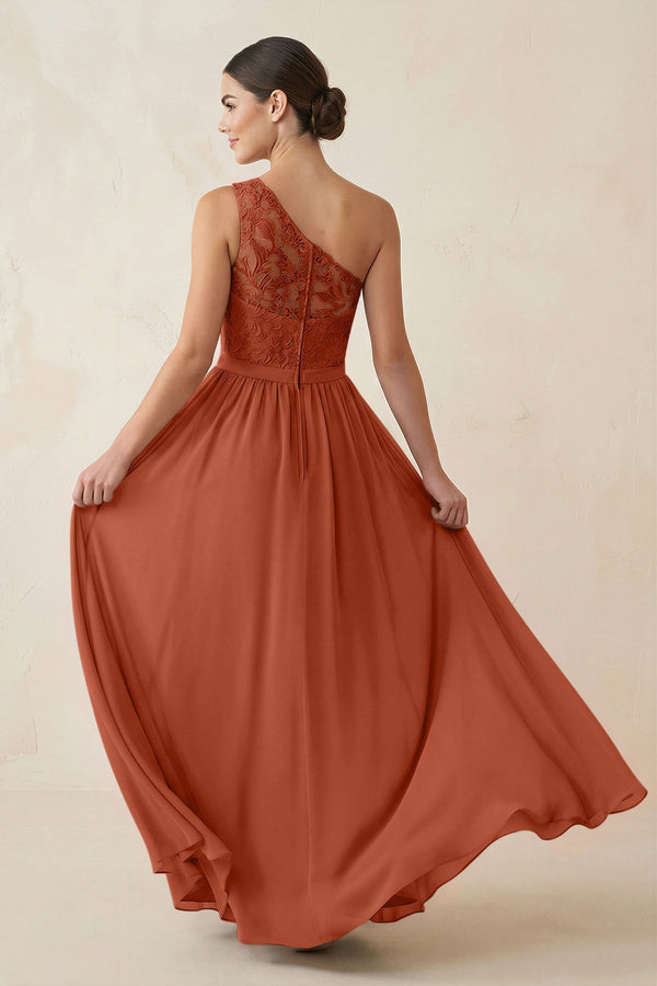 One - Shoulder Lace Chiffon A - Line Bridesmaid Dress in Spice - KissProm Bridesmaid Dresses