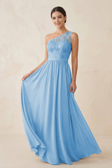 One - Shoulder Lace Chiffon A - Line Bridesmaid Dress in Steel Blue - KissProm Bridesmaid Dresses