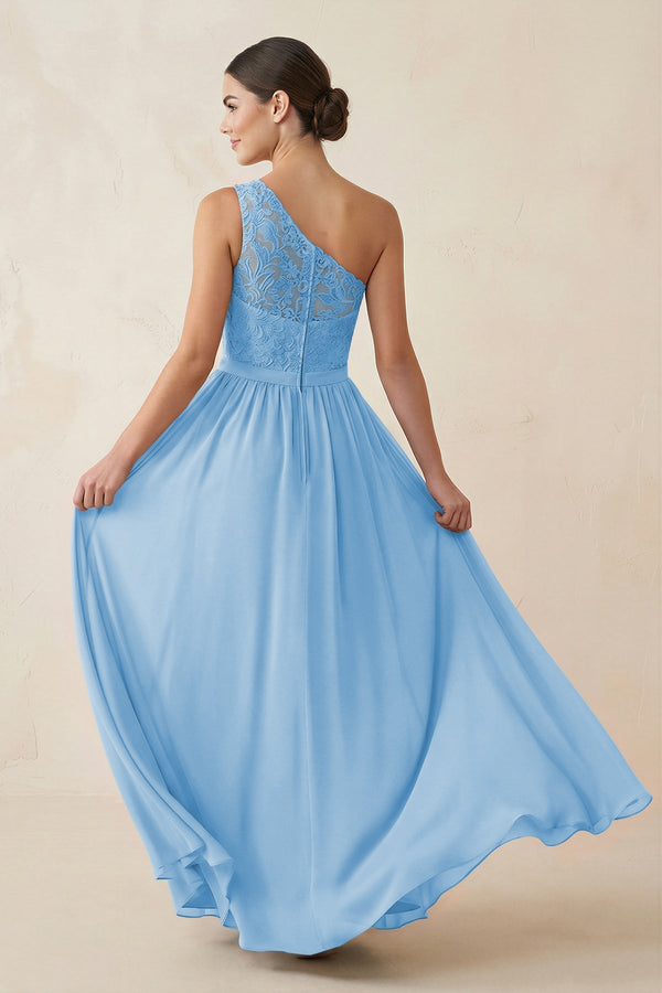 One - Shoulder Lace Chiffon A - Line Bridesmaid Dress in Steel Blue - KissProm Bridesmaid Dresses