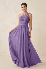 One - Shoulder Lace Chiffon A - Line Bridesmaid Dress in Tahiti - KissProm Bridesmaid Dresses
