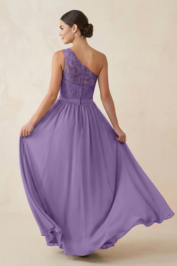 One - Shoulder Lace Chiffon A - Line Bridesmaid Dress in Tahiti - KissProm Bridesmaid Dresses