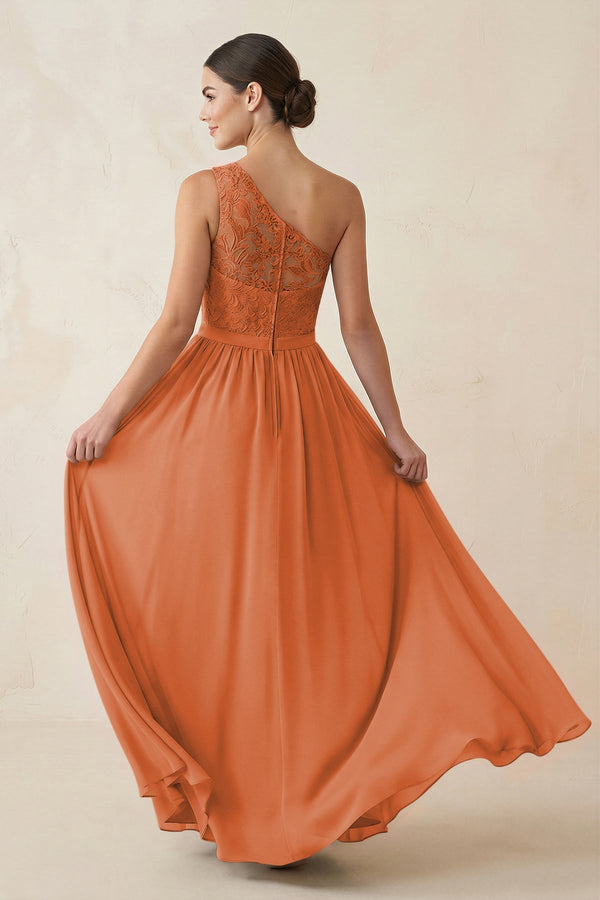 One - Shoulder Lace Chiffon A - Line Bridesmaid Dress in Terracotta - KissProm Bridesmaid Dresses