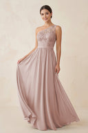 One - Shoulder Lace Chiffon A - Line Bridesmaid Dress in Toffee - KissProm Bridesmaid Dresses