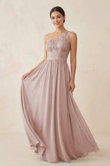 One - Shoulder Lace Chiffon A - Line Bridesmaid Dress in Toffee - KissProm Bridesmaid Dresses