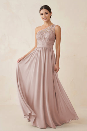 One - Shoulder Lace Chiffon A - Line Bridesmaid Dress in Toffee - KissProm Bridesmaid Dresses