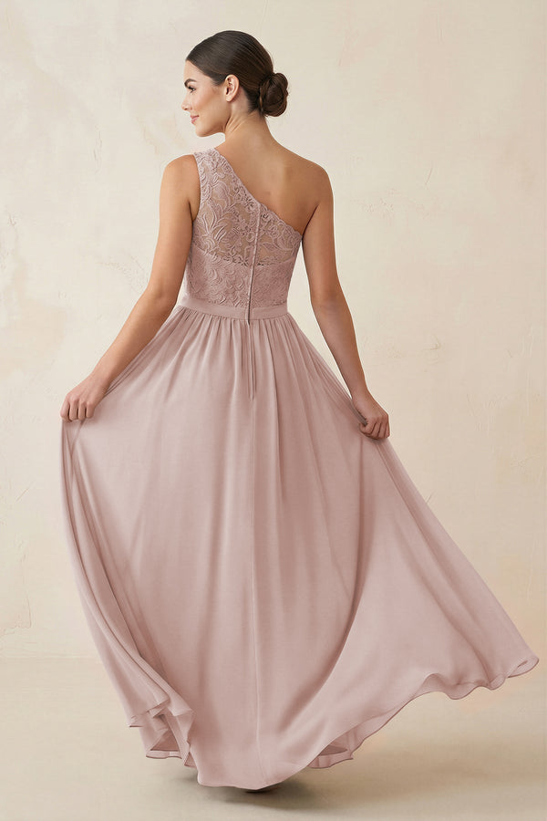 One - Shoulder Lace Chiffon A - Line Bridesmaid Dress in Toffee - KissProm Bridesmaid Dresses