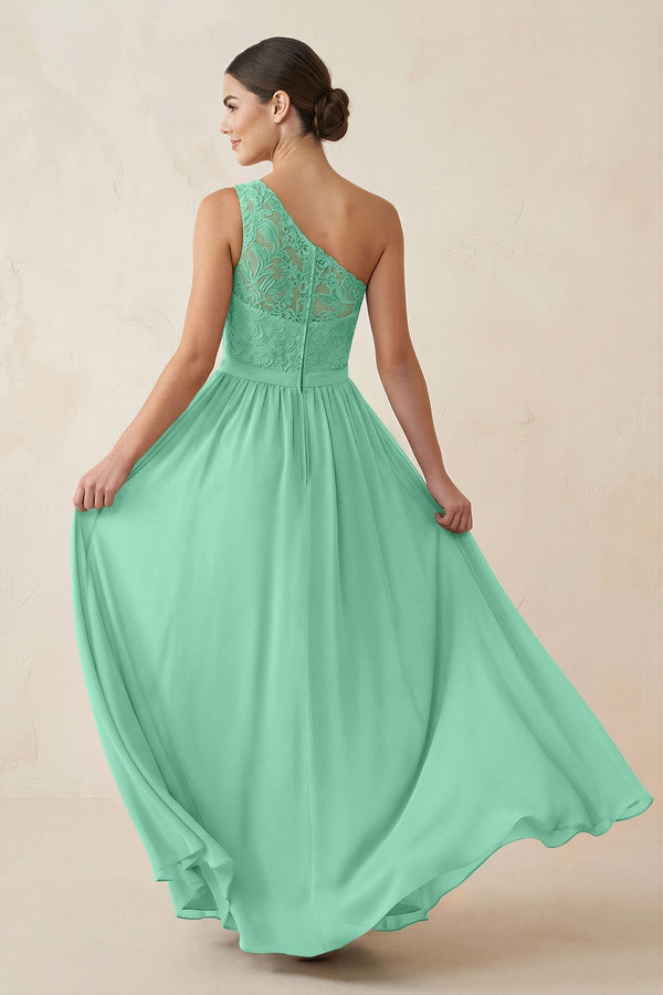 One - Shoulder Lace Chiffon A - Line Bridesmaid Dress in Turquoise - KissProm Bridesmaid Dresses