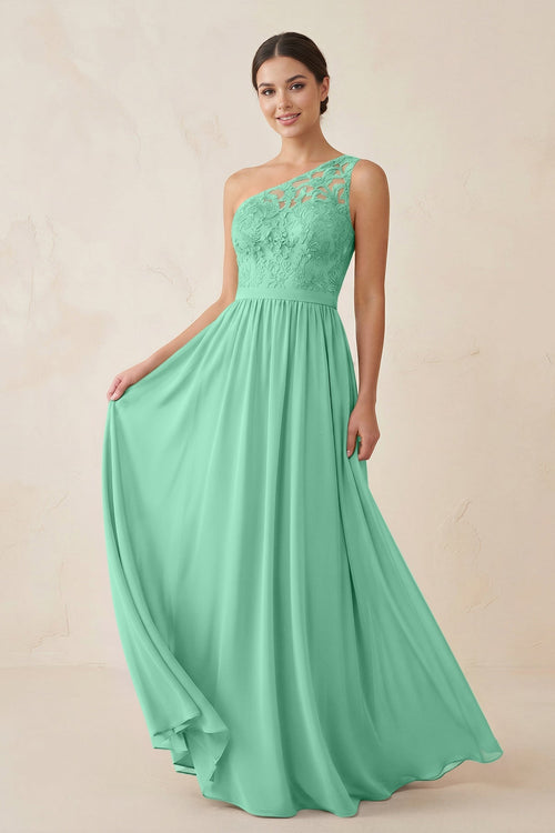 One - Shoulder Lace Chiffon A - Line Bridesmaid Dress in Turquoise - KissProm Bridesmaid Dresses