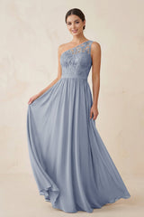 One - Shoulder Lace Chiffon A - Line Bridesmaid Dress in Twilight - KissProm Bridesmaid Dresses