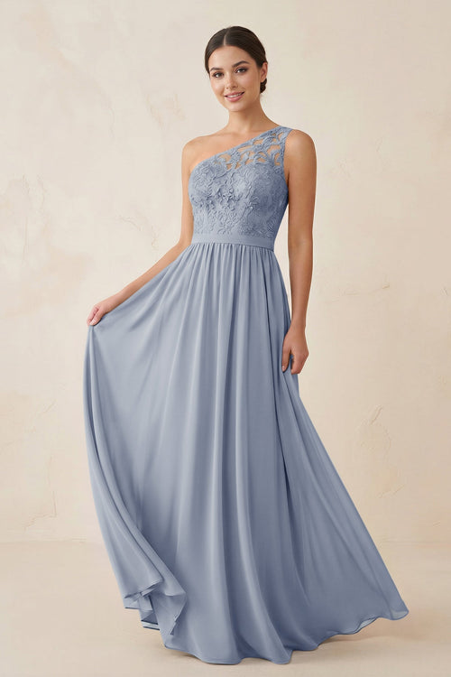 One - Shoulder Lace Chiffon A - Line Bridesmaid Dress in Twilight - KissProm Bridesmaid Dresses