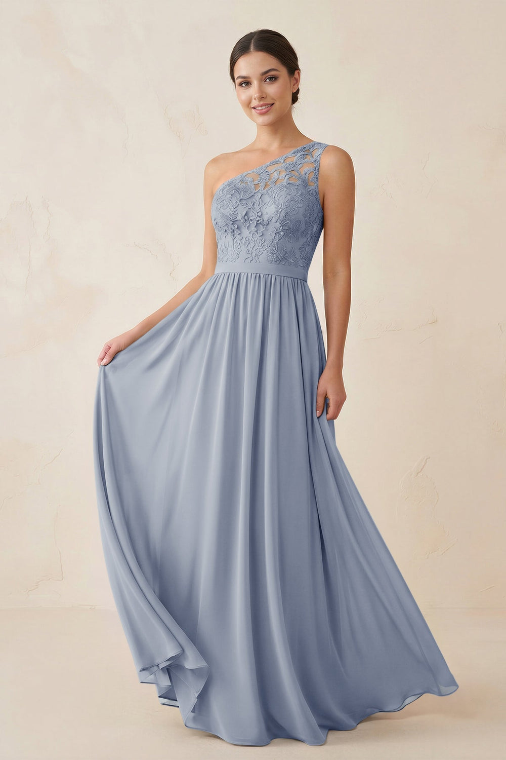 One - Shoulder Lace Chiffon A - Line Bridesmaid Dress in Twilight - KissProm Bridesmaid Dresses