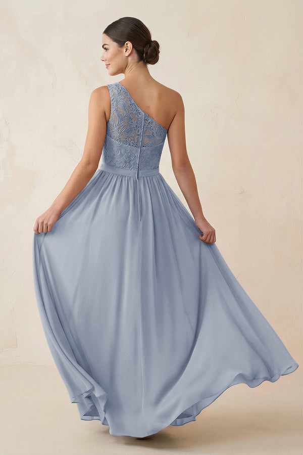 One - Shoulder Lace Chiffon A - Line Bridesmaid Dress in Twilight - KissProm Bridesmaid Dresses