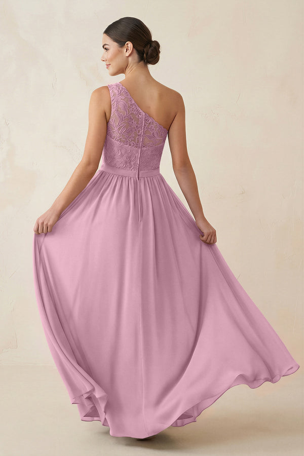 One - Shoulder Lace Chiffon A - Line Bridesmaid Dress in Vintage Mauve - KissProm Bridesmaid Dresses