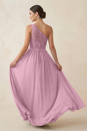 One - Shoulder Lace Chiffon A - Line Bridesmaid Dress in Vintage Mauve - KissProm Bridesmaid Dresses
