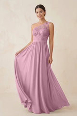 One - Shoulder Lace Chiffon A - Line Bridesmaid Dress in Vintage Mauve - KissProm Bridesmaid Dresses