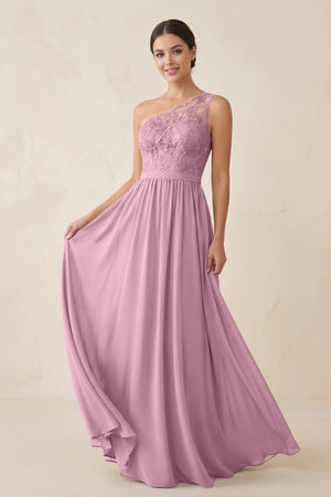 One - Shoulder Lace Chiffon A - Line Bridesmaid Dress in Vintage Mauve - KissProm Bridesmaid Dresses