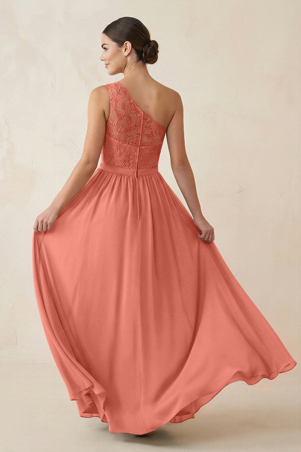 One - Shoulder Lace Chiffon A - Line Bridesmaid Dress in Wild Rose - KissProm Bridesmaid Dresses