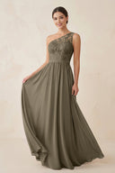 One - Shoulder Lace Chiffon A - Line Bridesmaid Dress in Willow Green - KissProm Bridesmaid Dresses