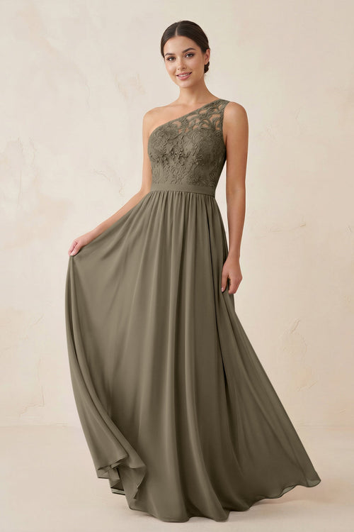 One - Shoulder Lace Chiffon A - Line Bridesmaid Dress in Willow Green - KissProm Bridesmaid Dresses