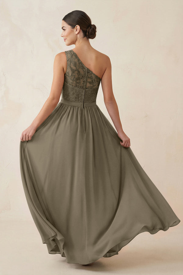 One - Shoulder Lace Chiffon A - Line Bridesmaid Dress in Willow Green - KissProm Bridesmaid Dresses